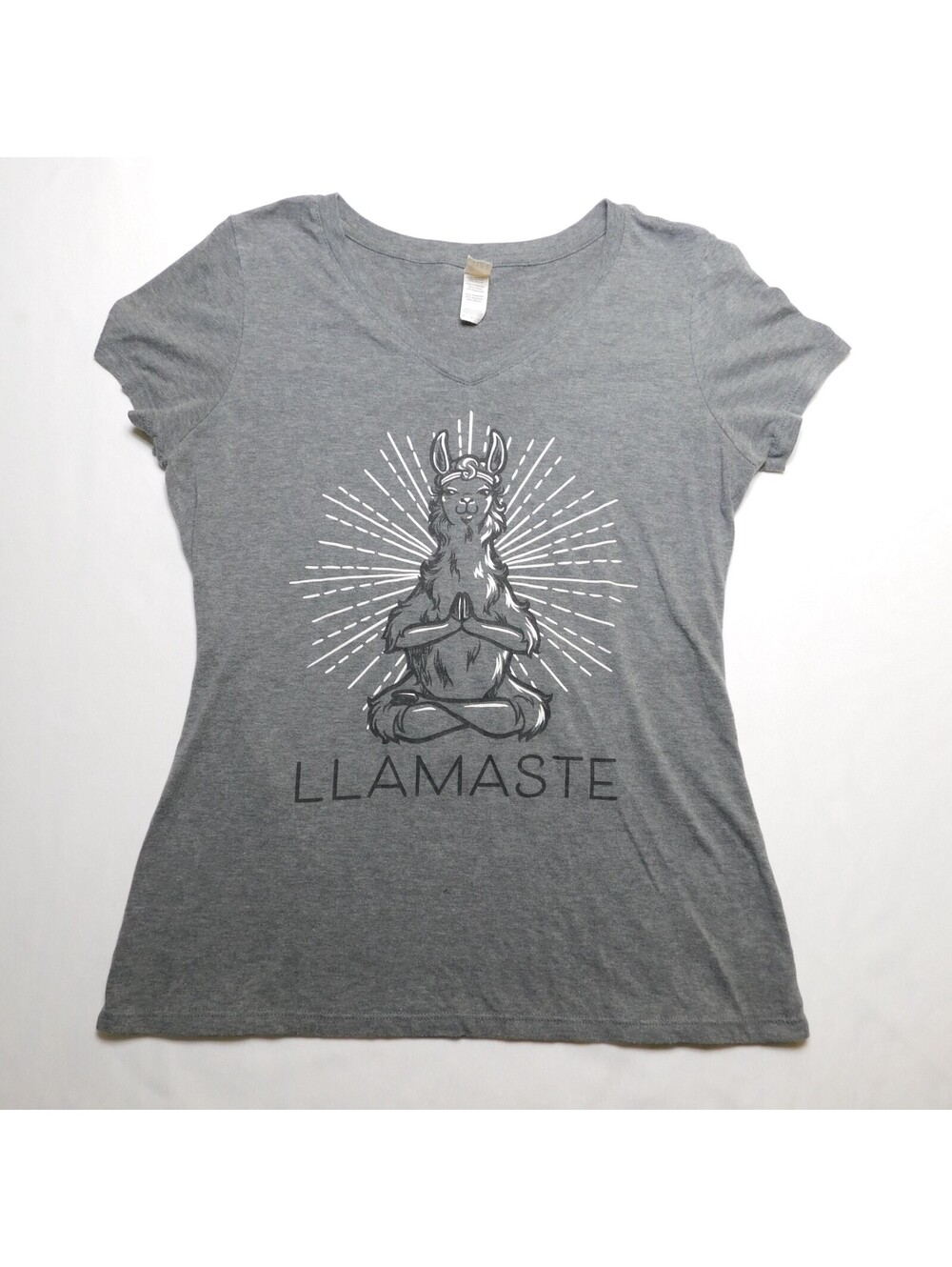 District Perfect Tri Womens Medium Gray Llamaste Yoga Llama Graphic T-Shirt V Ne